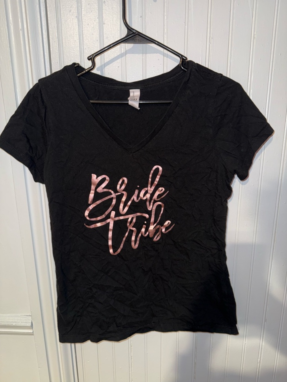 Bride Tribe V-Neck Tee in Black with Metallic Pink Script